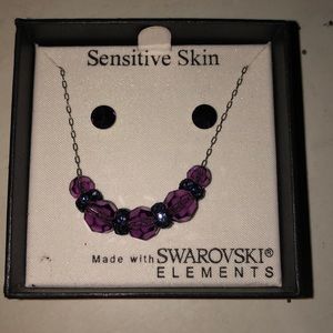 Purple stud earrings/ matching silver necklace